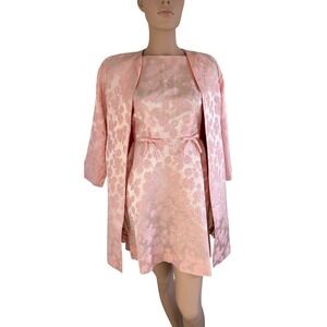 Vintage 60s Pink Damask Floral Dress and Jacket Set Home Sewn MCM Mod 2pc